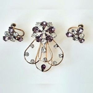 STAR-ART Demi-Parure Amethyst Rhinestone Crystal Brooch | Screw Back Earrings